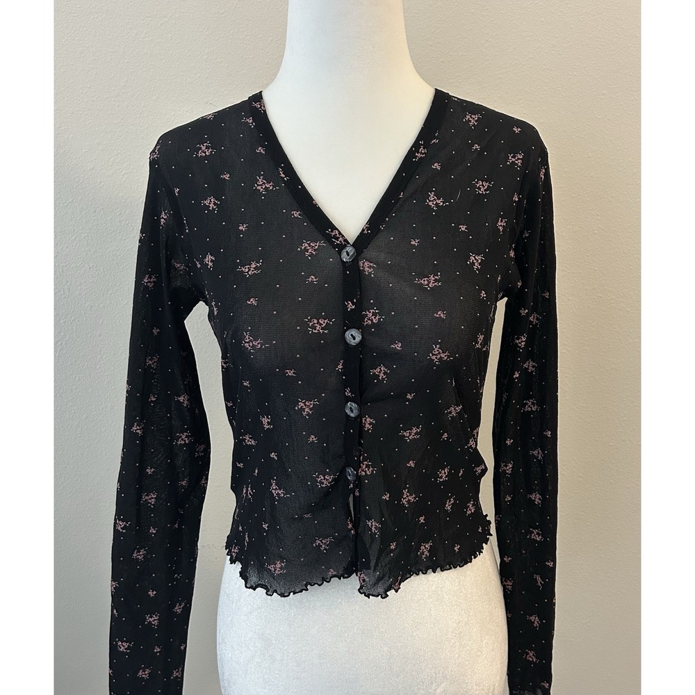 Floral Sheer Ruffle Hem Cardigan Y2K Coquette Feminine Romantic Ditsy Soft Girl